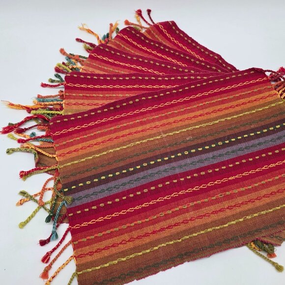 Unbranded Other - Handwoven Multicolor Striped Tablemats With Tassels Set of 5 Boho Style